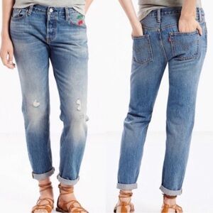 Levi’s 501 CT Embroidered Cherry Medium Wash Distressed Tapered Leg Jeans 26